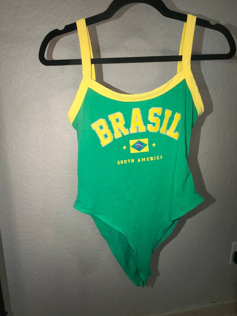 SHEIN "Brasil South America" Flag Graphic Bodysuit - Green/Yellow, Size M